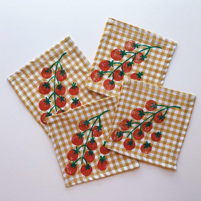 linen cocktail napkins. tomatoes on mustard gingham. hand block printed. boho decor. hostess or housewarming gift. party italy tomato.