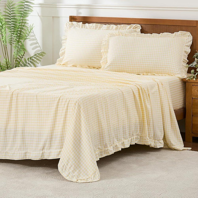 kisswish Gingham Queen Sheet Set, Lightweight Super Soft Brushed Microfiber Plaid Bed Sheets with 16" Deep Pocket, 4 Piece Ruffle Farmhouse Bedroom Decor, Yellow