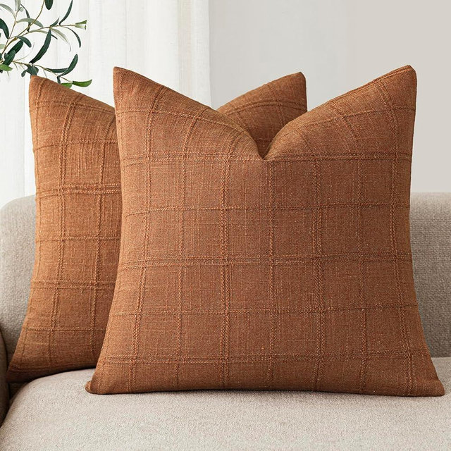 Foindtower Set of 2 Decorative Linen Check Throw Pillow Covers Neutral Farmhouse Vintage Cushion Covers Modern Boho Home Decor for Sofa Chair Couch Bedroom Living Room,20×20 Inch,Orange