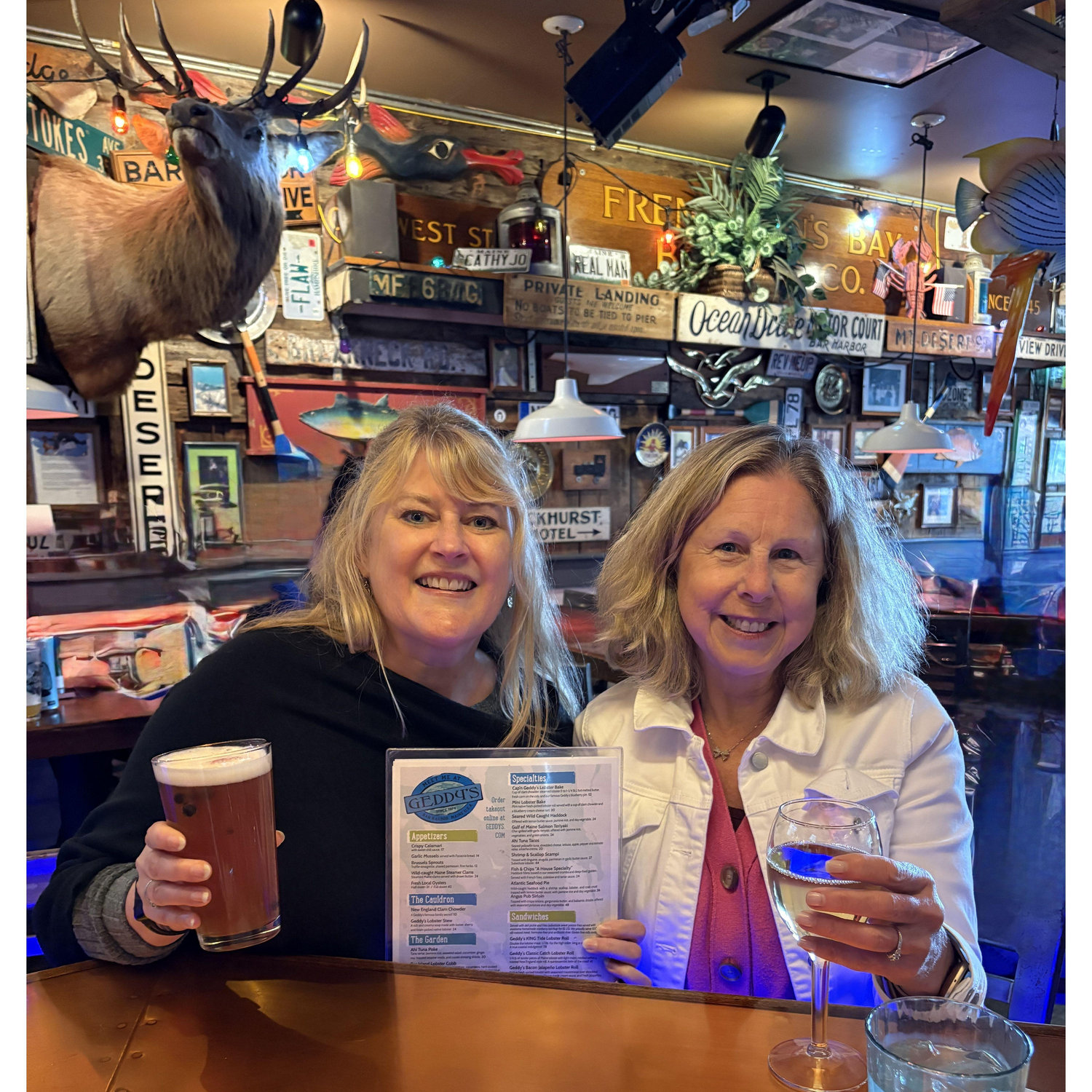 Enjoying cocktails at Geddy's in downtown Bar Harbor!