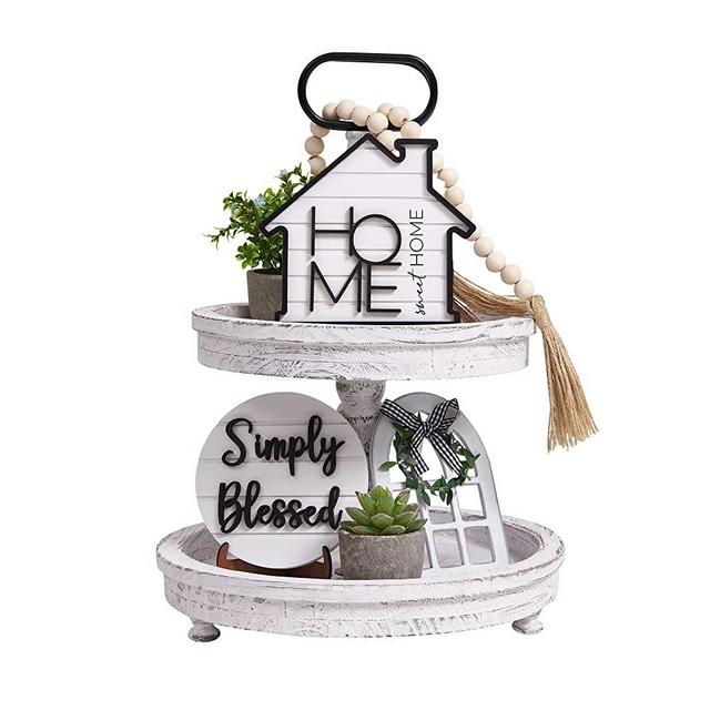 Houmury Set of 8 Farmhouse Tiered Tray Decor with 1 Artificial Succelent Plant & 1 Artificial Plant For Rustic Home Sweet Home Kitchen Decor Tier Tray Decor Set