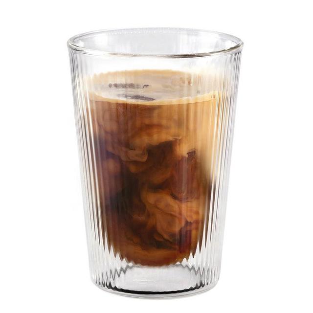 QELVIO Set Of 4 Double Walled Glass Cups - 12 oz Ribbed Glasses For Iced Coffee & Cappuccino, Clear Aesthetic Drinking Glassware, Cute Latte & Ice Tea Drinkware, Cold Drinks Insulated Tumblers Mugs