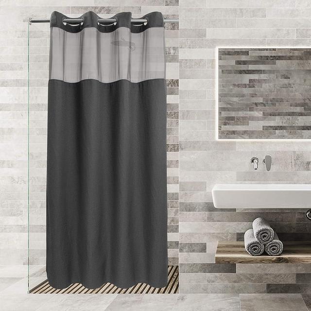 No Hooks Required Dotted Waffle Weave Shower Curtain with Snap in Liner -Stall 54W x 80H,Hotel Grade,Spa Like Bath Curtain,Graphite Grey