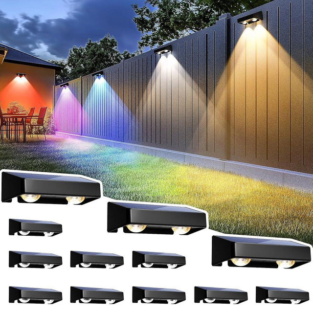 SOLPEX Solar Fence Lights Outdoor, 9 Fixed Colors ＆ Color Changing Fence Solar Lights Outdoor Waterproof IP65, LED Deck Lighting for Halloween Wall Backyard Step Railing Patio Pool Porch(12 Pack)