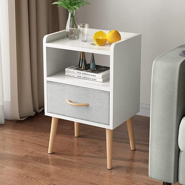 LUCKNOCK NightStand with Fabric Drawer, Bedside Table with Solid Wood Legs, Minimalist and Practical End Side Table with Open Storage Shelf for Bedroom.