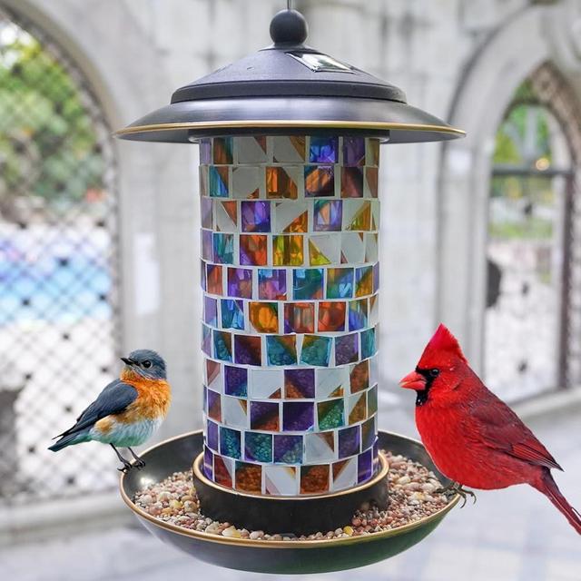 elfonsol Solar Bird Feeder for Outdoor Hanging - Small Bird Seedes Feeder with Mosaic Stained Glass for Cardinals and Finches - Garden Decor Gift for Parents and Bird Lover (1.5lbs Capacity, Sunset)