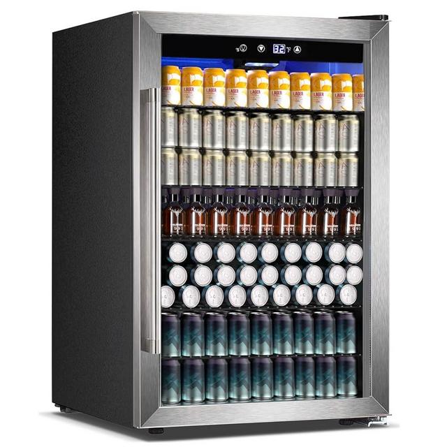 COWSAR 4.5 Cu.Ft Wine Fridge 37 Bottle, Freestanding Wine Cooler 145 Can Beverage Refrigerator with Stainless Steel Reversible Glass Door, Drink Fridge for Home Bar, Kitchen, Game Room