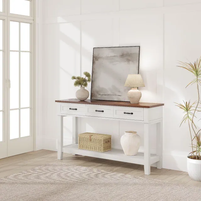 Entryway Table, Console Table with 3 Storage Drawers, 3 Tier Farmhouse Wooden Sofa Table, Hallway Tables for Entryway, Living Room-Brown+White