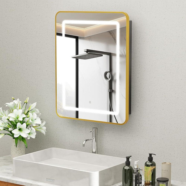 ROOMTEC Lighted Medicine Cabinet with Mirror 20"x30", Bathroom Mirror Cabinet with Lights and Storage, Single Doors Bathroom Wall Cabinet with LED Lights,Gold