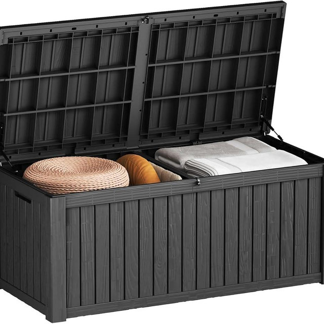 EasyUp 150 Gallon Outdoor Storage Box Waterproof, UV Resistant Resin Deck Box with Hydraulic Rod, Reinforced Stability for Patio, Garden, and Pool, Striped Black