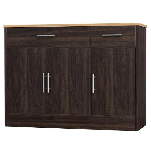 Shintenchi Modern Farmhouse Sideboard Buffet Cabinet,Barn Doors Buffet Cabinet with 2 Drawers & 3 Doors,Wood Coffee Bar Cabinet with Adjustable Shelf for Kitchen Living Room,Brown
