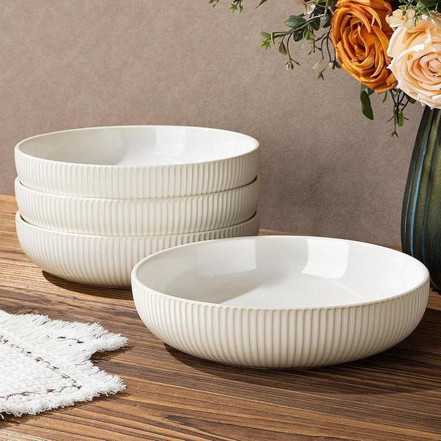 theterra 8.5'' Ceramic Pasta Bowls, Salad Bowls Set of 4, Stoneware Serving Bowls for Fruits, Noodle, Dinner, House-warming Wedding Present, Reactive White