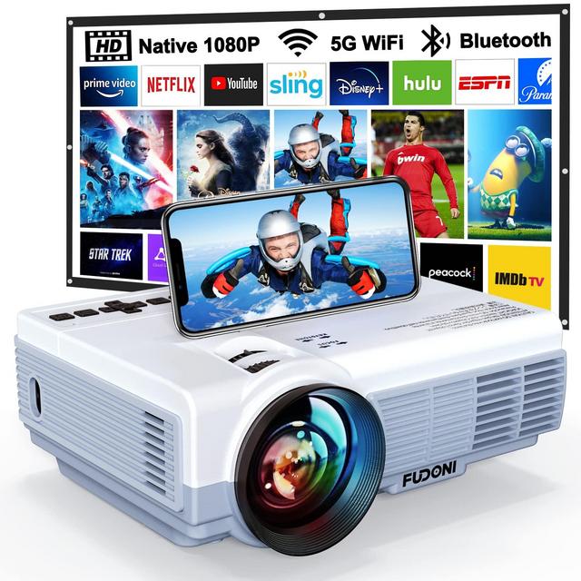 Projector, with 5G WiFi and Bluetooth Native 1080P 9500L 4K Supported, FUDONI Portable Outdoor Projector with Screen, Video Home Theater Projector for HDMI, USB, VGA, PC, TV Box, iOS Android Phone