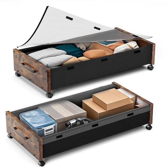 KITHELP Wooden Under Bed Storage with Wheels, 80L Extra-large Rolling Under the Bed Storage Bins 2 Pack with Removable Lid, Upgrade Metal Under Bed Drawers for Clothes Shoes Blankets in Bedroom