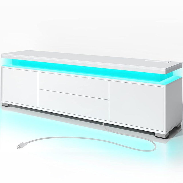 Rolanstar TV Stand with LED Lights & Power Outlet, Modern Entertainment Center for 32/43/50/55/65 Inchs TVs, TV Table, Universal Gaming LED TV Media stand with Storage Cabinet and Large Storage, White