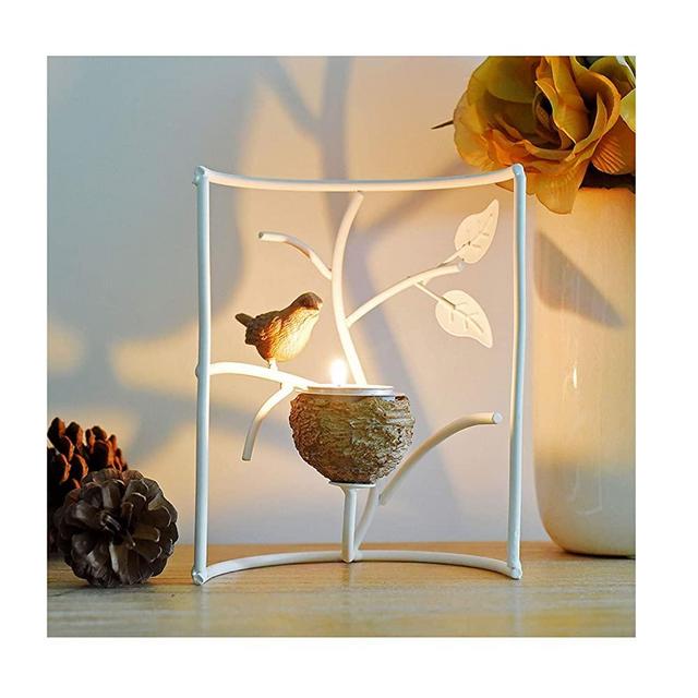 Marbrasse Metallic Votive Candle Holders, Decorative TeaLight Candle Stands for Table, Coffee Table Decor Vintage, Home Decor Centerpiece Features Bird, Nest and Tree (White)