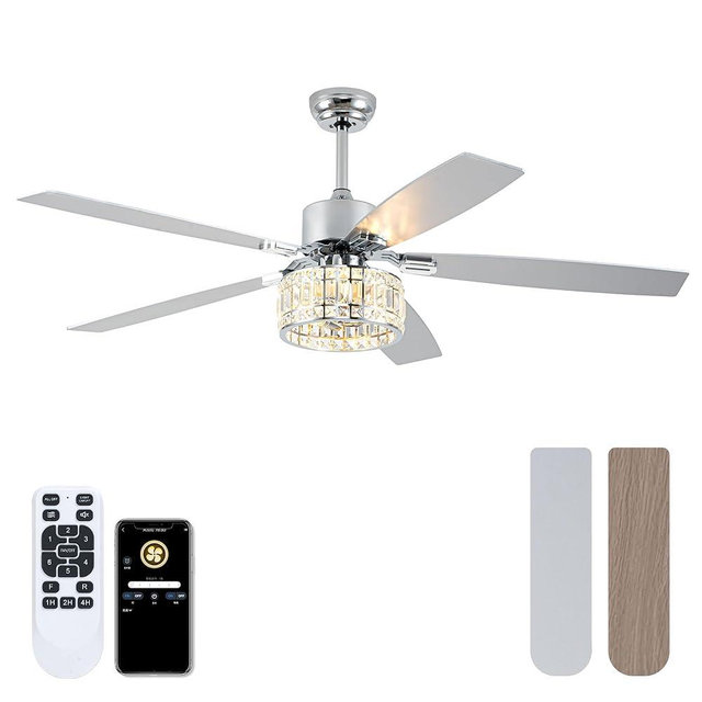 Esiovco Chandelier Ceiling Fans with Lights and Remote,Caged Ceiling Fan with Light,App 5 Blades E26 Fandelier Ceiling Fans with Lights,Crystal Ceiling Fan for Bedroom,Living Room. (Nickel, 60 Inch)