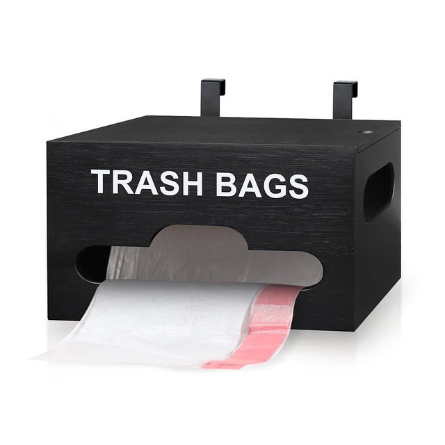 Ymesiyou Trash Bag Holder - Dispenser & Organizer, Wall Mounted, Bamboo, Kitchen Plastic Bag Storage, Standard Roll Organizer w/ Handle for Under Sink Cabinet (Black)