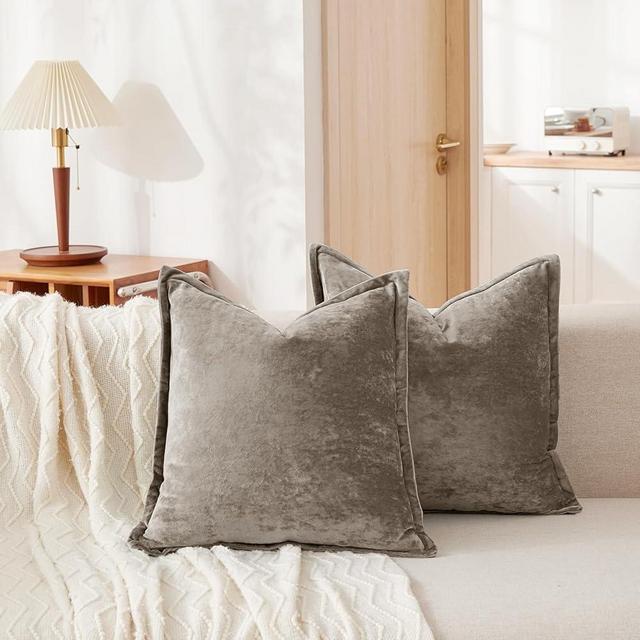 COCOPLOCEUS Luxurious Velvet Euro Shams Decorative Throw Pillow Covers 26x26 Set of 2 Solid Square Euro Pillow Shams for Sofa Couch Bedroom, Brown