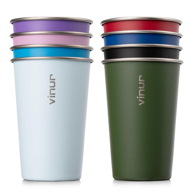 VINUR Stainless Steel Cups-8 Pack 16 oz Pint Tumbler Cup Stackable Colorful Metal Drinking Glasses for Camping, Restaurant, Bar