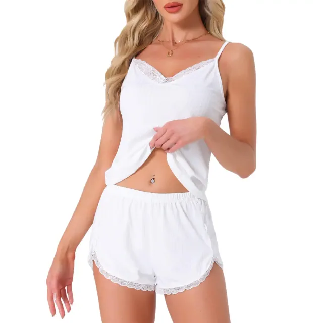 cheibear Women's Sleeveless Ribbed Knit Lace Trim V Neck Cami Top with Shorts Pajama Sets Small White