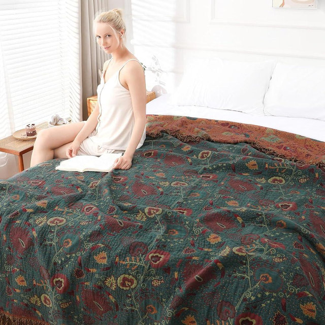 Shesyuki Boho Throw Blanket for Bed - 100% Pure Cotton Ultra Soft Rustic Quilt - Farmhouse Decor Bed Blankets, All Season Rustic Throw for Sofa Couch Chair(60''×80'', Floral)