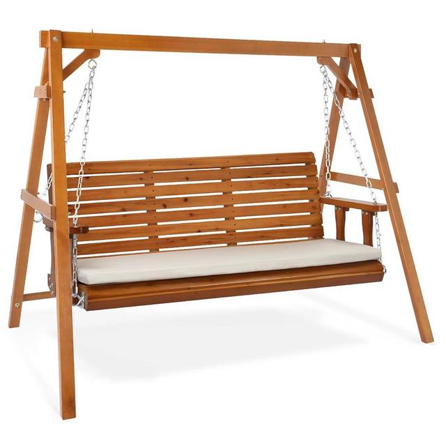 VINGLI 5 FT Outdoor Porch Swing with Frame, Patio Hanging Swing & Stand with Extra Cushions Heavy Duty 880 LBS for Yard, Garden, Pool, Deck, Brown