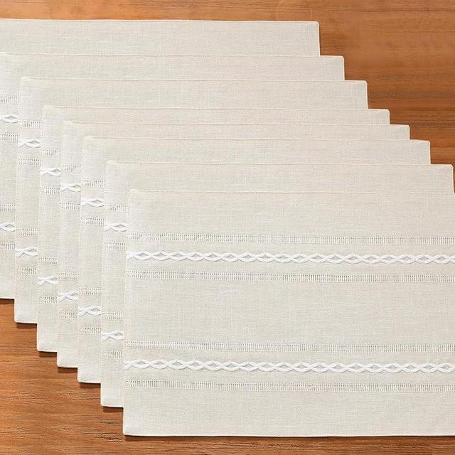 Wracra Cotton Linen Placemats, 14 x 19 Inch Set of 8 Placemats Rustic Hemstitch Place Mats for Kitchen Table and Heat Resistant-Hemstitch Ivory