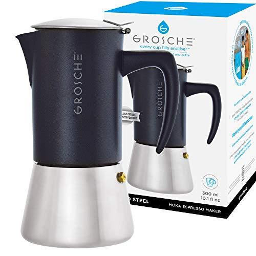 GROSCHE Milano Steel 10 cup Stainless Steel Stovetop Espresso Maker Moka pot - Cuban Coffee maker Italian Espresso Greca coffee maker for Induction gas or electric stoves