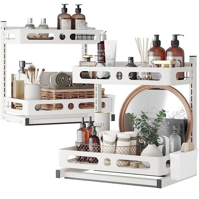 NETEL Under Sink Organizer,Pull Out Sliding Cabinet Basket Organizer 2 Tier Under Bathroom Storage Rack, Multi-Use for, Height Adjustable, With strong double-sided adhesive, White 2-pack