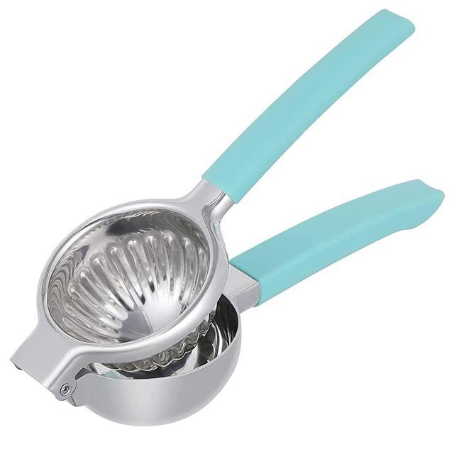 U-Taste 18/8 Stainless Steel Lemon Squeezer with 13 Holes and Non-slip Silicone Handle, Large Capacity Heavy Duty Metal Lime Orange Citrus Manual Hand Press Juicer (Aqua Sky)