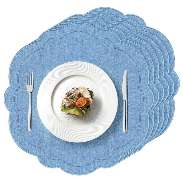 Set of 6 Blue Cotton Linen Placemats 15 Inch Embroidery Scalloped Placemats Pure Floral Table Mats Washable Fabric Table Mats for Wedding Baby Shower Tea Party Festival Spring Holiday Decor