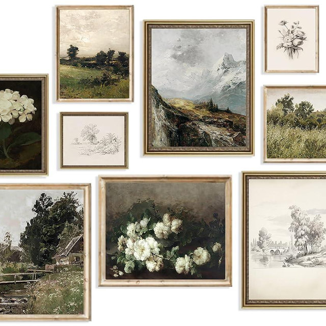 Vintage Wall Art French Country Wall Decor, Vintage Posters for Room Aesthetic Picture, Dark Green Antique European Landscape Flower Meadow Gallery Canvas Art Prints Painting for Bedroom Living Room,