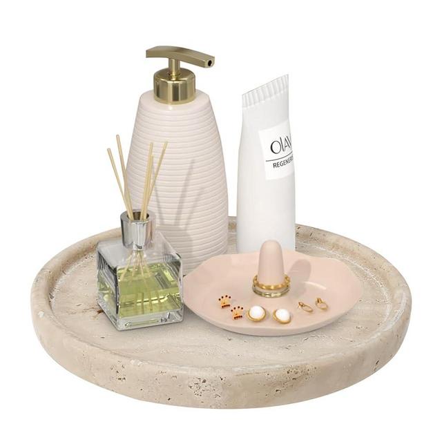 XINFUHUA Travertine Tray, Small Ceramic Vanity Tray for Bathroom Counter Decor, Round Marble Decorative Trays for Coffee Table (Beige, Medium Size)