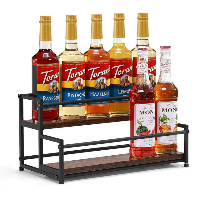 ICOHOT Coffee Syrup Rack Organizer, 2-Tier 10 Syrup Bottles Holder Stand for Coffee Bar, Liquor Bottle Display Shelf Bar Shelf Stand Countertop Rack for Syrup, Wine, Spice