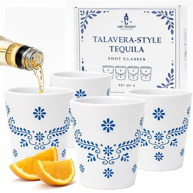 Talavera Style Tequila Shot Glasses Set of 4 – Mexican Ceramic Shot Glasses, Cute Blue Talavera Decor, Unique Glass for Home Bar, Gift for Tequila Lovers - Perfect Gifts for Women and Men