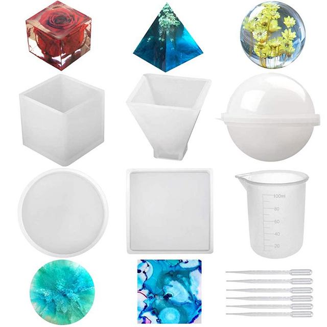 Silicone Resin Molds 5Pcs Resin Casting Molds Including Sphere, Cube, Pyramid, Square, Round with 1 Measuring Cup & 5 Plastic Transfer Pipettes for Resin Epoxy, Candle Wax, Soap, Bowl Mat etc