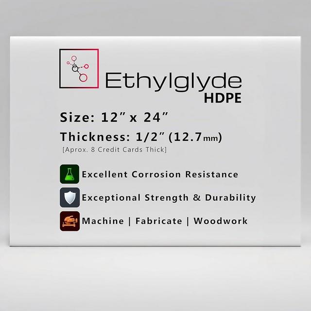 Ethylglide Natural 12" x 24" x 1/2" HDPE Sheet (High Density Polyethylene) Plastic Polymer PVC. Great for DIY Projects and Cutting Boards and Marine Board Applications. Nominal Cut Within +(-) 1/8"
