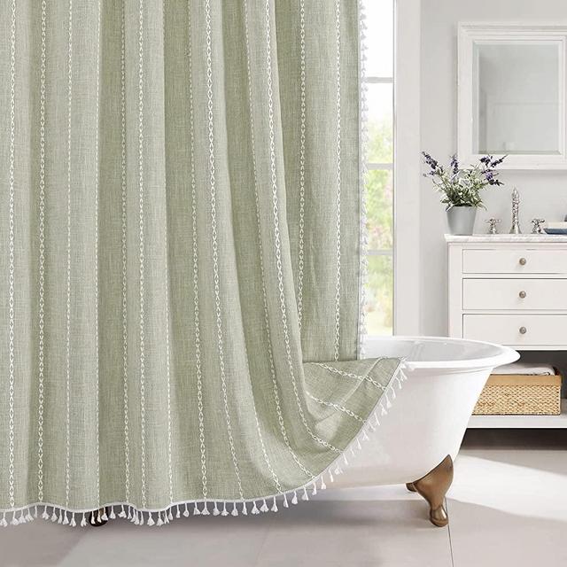 MitoVilla Sage Green Boho Shower Curtain for Vintage Rustic Bathroom Decor, Modern Farmhouse Cotton Linen Fabric Neutral Wrinkle Resistant Cloth Shower Curtain with Tassel, 72 x 72