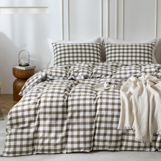 MILDLY Taupe Plaid Duvet Cover - 100% Washed Cotton Linen Feel Buffalo Plaid Comforter Cover Set with Dual Zipper & 8 Corner Ties 104"x90"