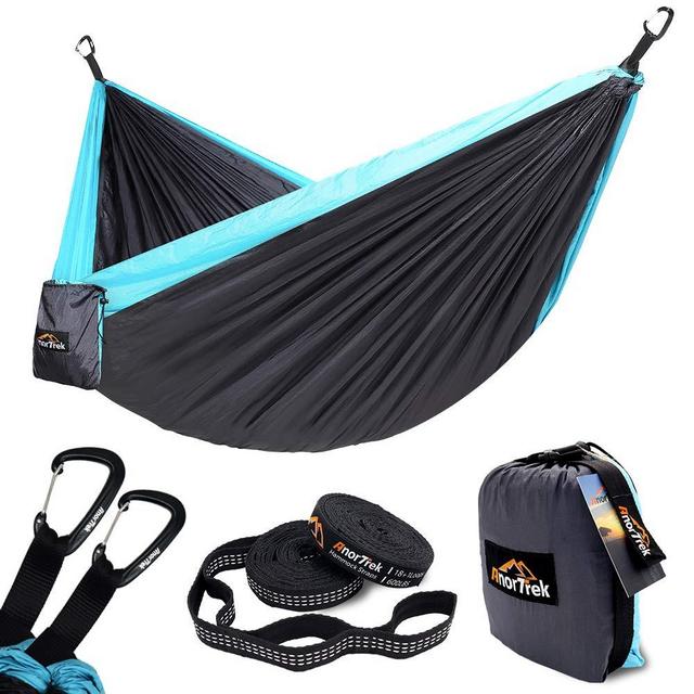 Anortrek Camping Hammock, Lightweight Portable Single & Double Hammock with Tree Straps [10 FT/18+1 Loops], Parachute Hammock for Camping, Hiking, Garden, Yard (Grey&Blue, Double 78''W x 118''L)