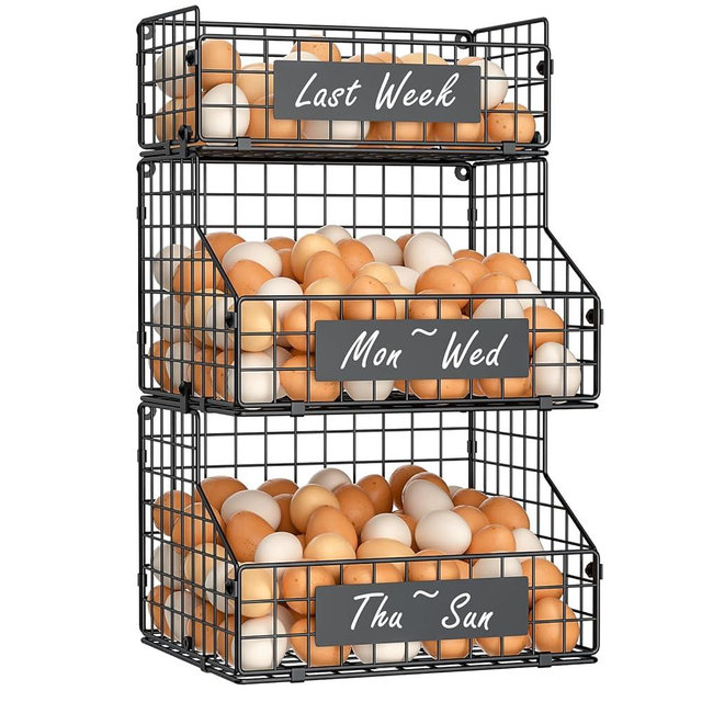 keomaisyto Egg Holder Countertop with Nameplate to Separate Eggs, 3 Tier Stackable Wire Storage Baskets for Gathering Fresh Eggs, Large Egg Rack for Countertop/Wall-Mounted, Medium (Patent Pending)