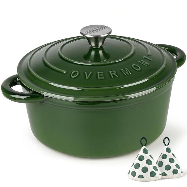 Overmont Enameled Cast Iron Dutch Oven - 5.5QT Pot with Lid Cookbook & Cotton Potholders - Heavy-Duty Cookware for Braising, Stews, Roasting, Bread Baking Glossy Green