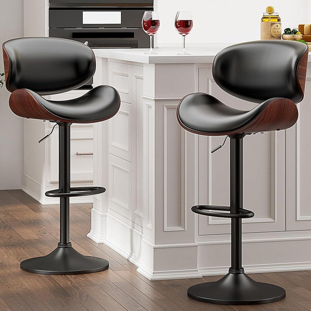 YaFiti Bar Stools Modern PU Leather Adjustable Swivel Barstools, Kitchen Counter Bar Stool, Island Barstool with Back Set of 2(Black)