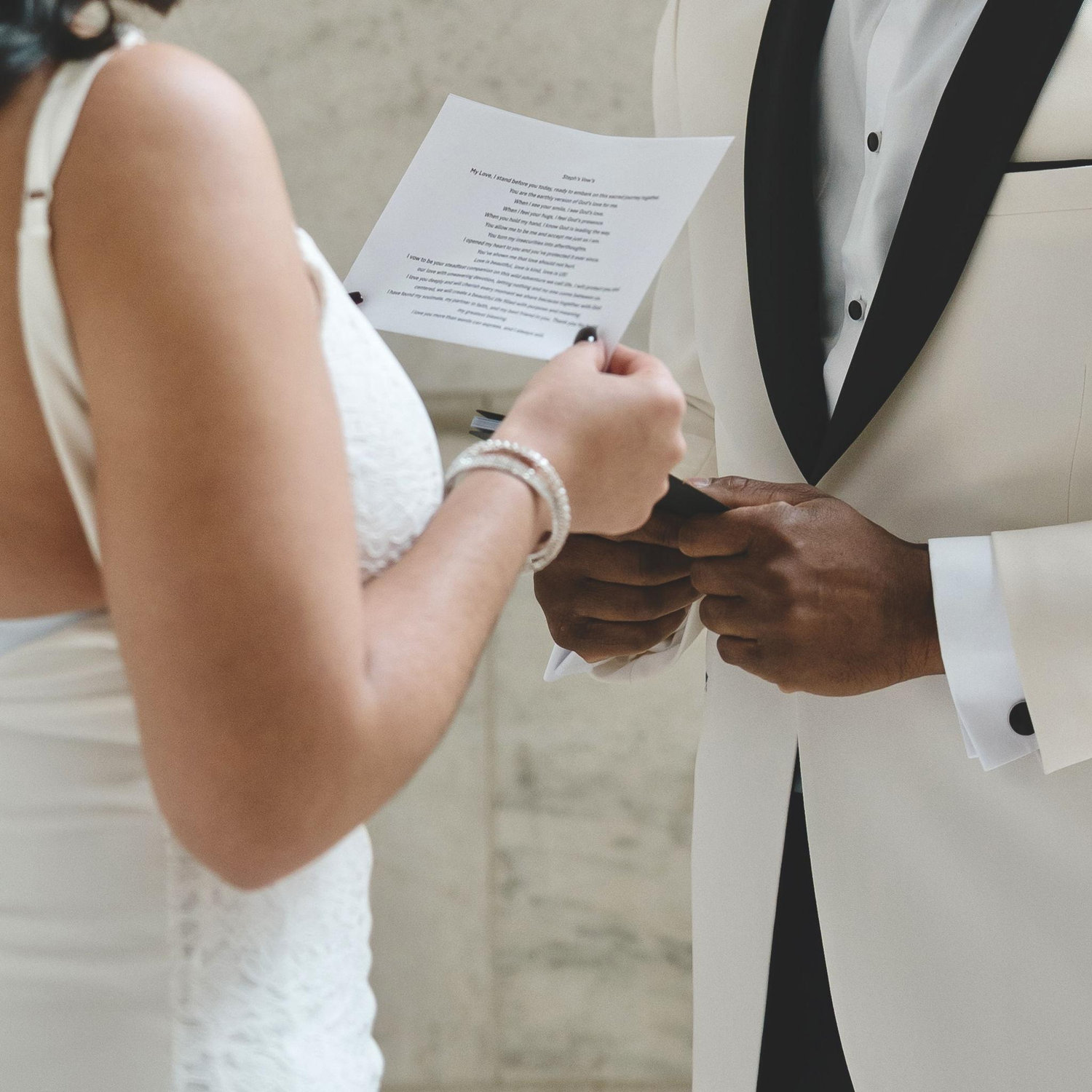 Her vows in short: I vow to stand by you, to protect our love, and to let nothing come between us. With God at the center, I will cherish you and build a meaningful, beautiful life with you...