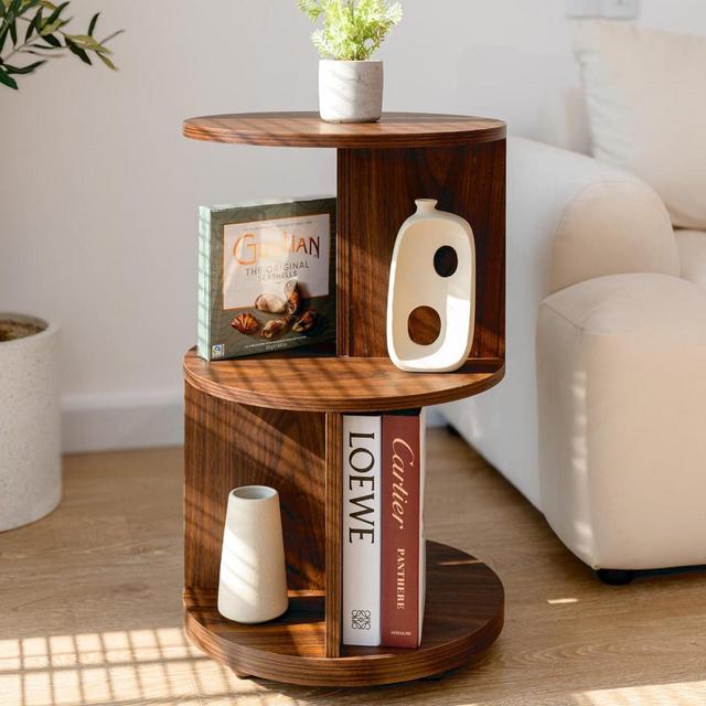 Living Room Side Table, Office Round Bookshelf End Table, Bedroom Mid Century Modern Nightstands, Accent Tables - MDF Wood - Easy Assembly
