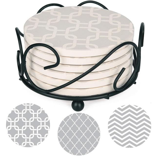 Coasters For Drinks Absorbent with Holder Included - 6 Grey Mix Pattern on Big Ceramic Gray Stones with Cork Back, Use as Home Decor and Save Your Furniture From Water Stains, Marks And Scratches