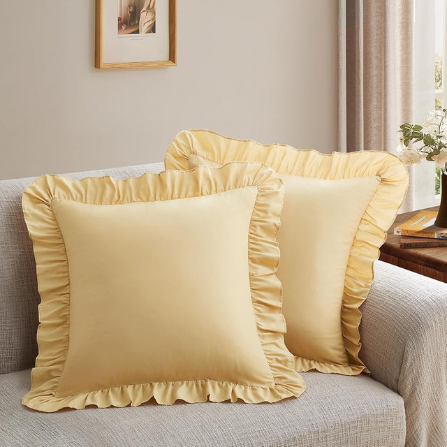 Yvrcen Ruffle Throw Pillow Covers, Yellow, 18x18 Inches, 2 Pack | Square Pillow Cases, Microfiber, Decorative Pillow Shams, For Sofa Couch Bedroom Living Room