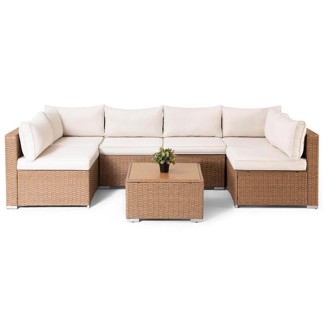 LAUSAINT HOME 7 Pieces Outdoor Patio Furniture, Outdoor Sectional Sofa Patio Furniture Sets Wicker Rattan Patio Conversation Sets with Cushion and Glass Table (Cream White)