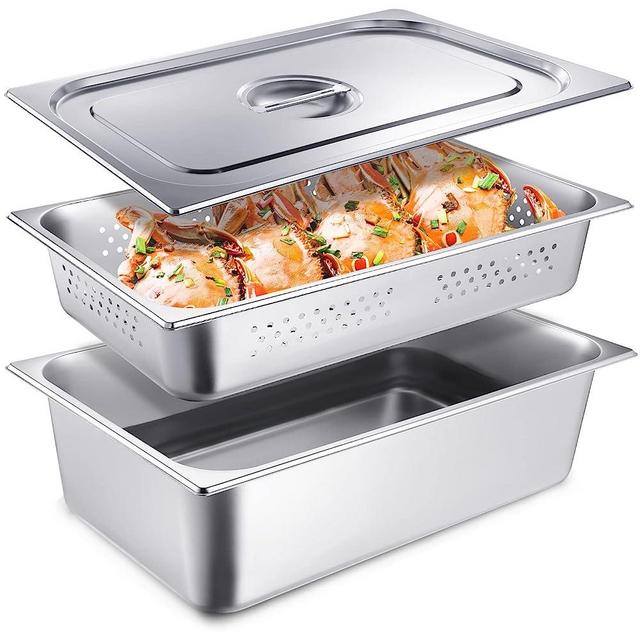 3 Pack Full Size Hotel Pan with Lid Set Include Full Size Pan Perforated Steam Pan Steam Table Pan Cover Restaurant Supplies for Kitchen, Steam Table Tray for Food Warmer (4 Inch, 6 Inch)